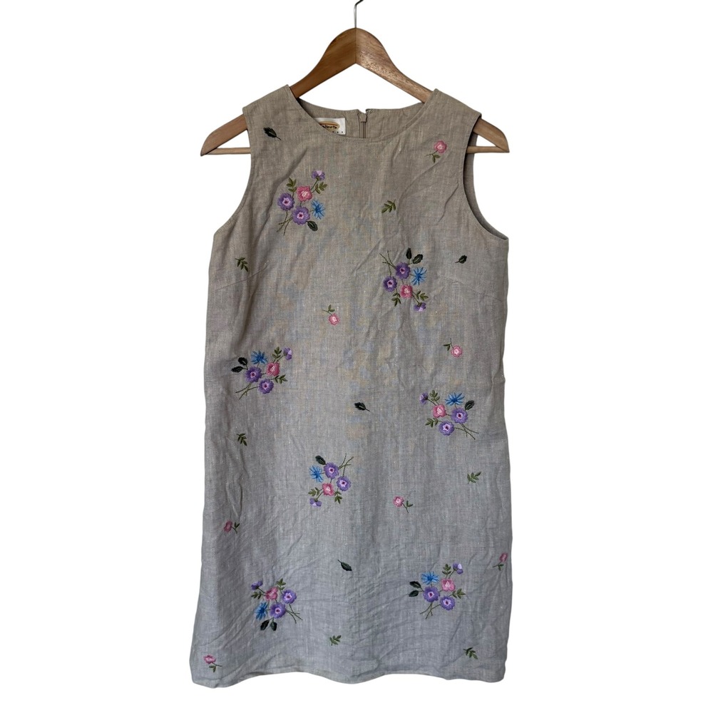 Talbots Embroidered Linen Shift Dress Womens 8P Beige Floral Exc. Sleeveless